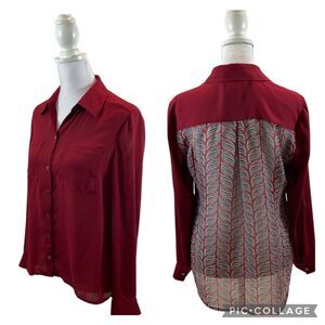 Alfani Sheer Burgundy Button Down Top Printed Back Panel Size 4P